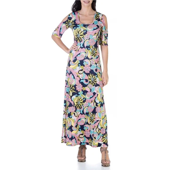 24/7 Comfort Apparel | Dresses | 24seven Floral Cold Shoulder Flowy Casual  Maxi Dress Large | Poshmark